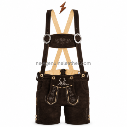 NGL women's lederhosen shorts in dark brown with deer embroidery and adjustable suspenders
