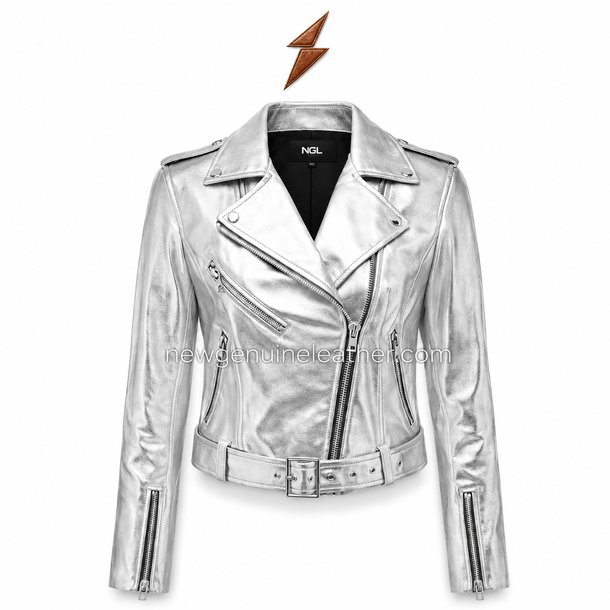ngl-womens-silver-leather-jacket-front-view NGL Women’s Silver Leather Jacket front view with metallic finish, moto lapels, zipper pockets and waist belt