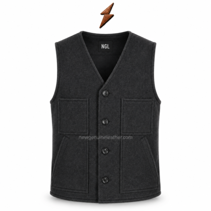 NGL Wool Vest front view showing charcoal-gray fabric, four dark buttons, four-pocket construction, V-neckline, and inner logo label.