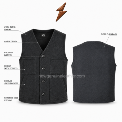 NGL Wool Vest close-up showing the exact four-button closure, charcoal textile texture, aligned front edge, and neat stitching.