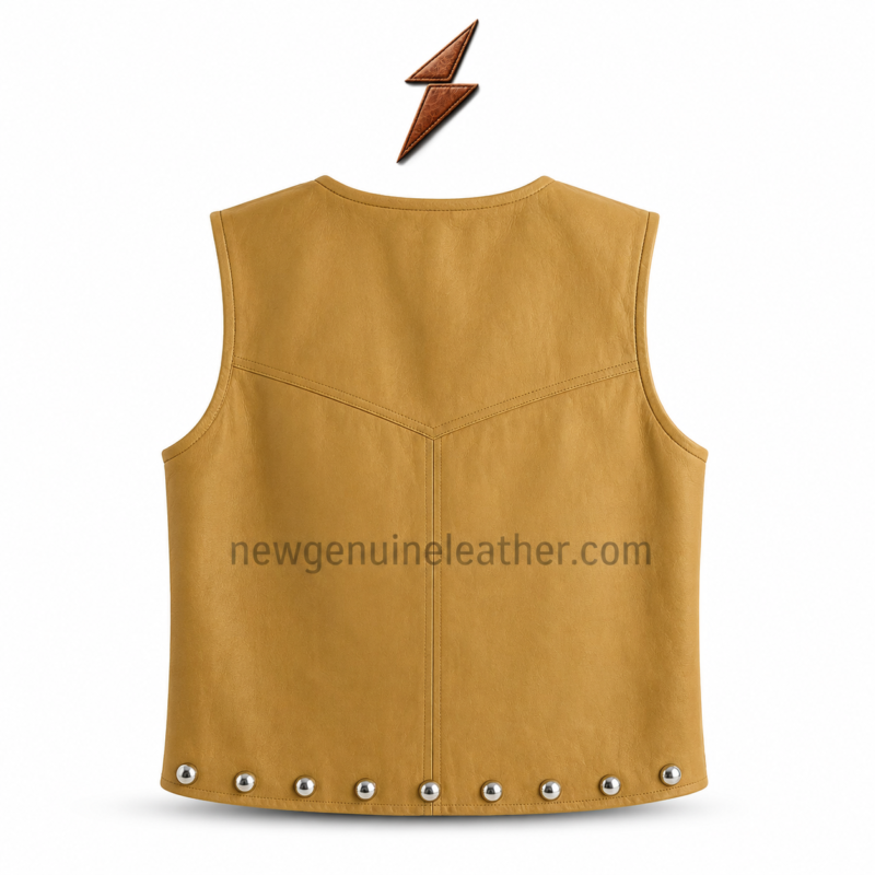 Mustard Studded Leather Vest back showing a V-shaped yoke, center seam and silver hem studs by NGL
