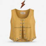 Studded Leather Vest front view in mustard-yellow leather with silver dome hardware and NGL label