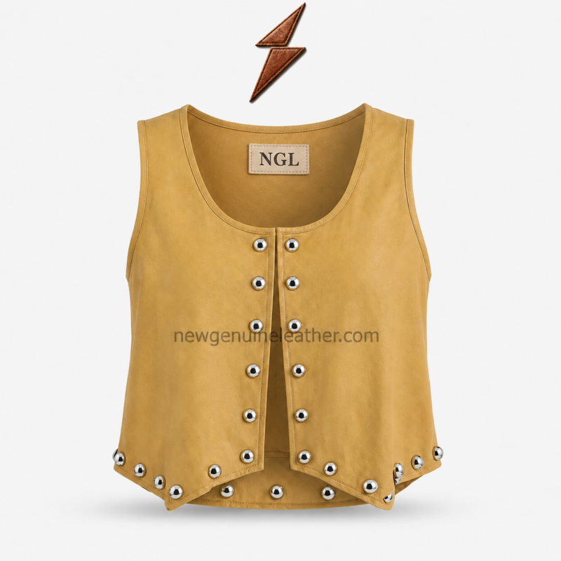 Studded Leather Vest front view in mustard-yellow leather with silver dome hardware and NGL label