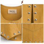 Studded Leather Vest close-up showing polished silver dome hardware and stitched front edges by NGL