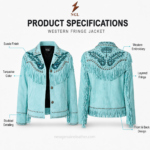 Turquoise Fringe Jacket specification image showing NGL front and back designs, suede finish, embroidery, studs and fringe by NEW GENUINE LEATHER