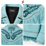 Turquoise Fringe Jacket close-up with NGL neck label, black lining, studded collar and blue embroidery by NEW GENUINE LEATHER