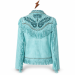 Turquoise Fringe Jacket back view with NGL logo, symmetrical western embroidery, silver studs and shoulder fringe by NEW GENUINE LEATHER