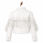 White Fringe Jacket back view with curved fringe yoke and NGL NEW GENUINE LEATHER branding