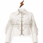 White Fringe Jacket front view with NGL collar label and NEW GENUINE LEATHER branding